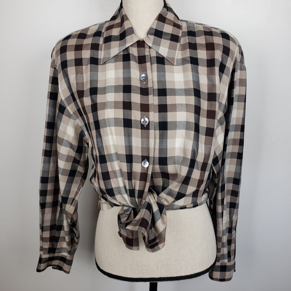 Vintage 90's Designer Dana Buchman Brown & Cream Plaid Silk Button Down Top 6 - Picture 10 of 16